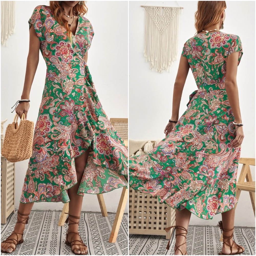 Bohemian Yellow Floral Paisley Print Wrap Midi Cottagecore Dress - Picture 4 of 6
